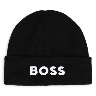 BLACK BEANIE KNIT HAT WHITE BOSS LOGO / J53584-09B