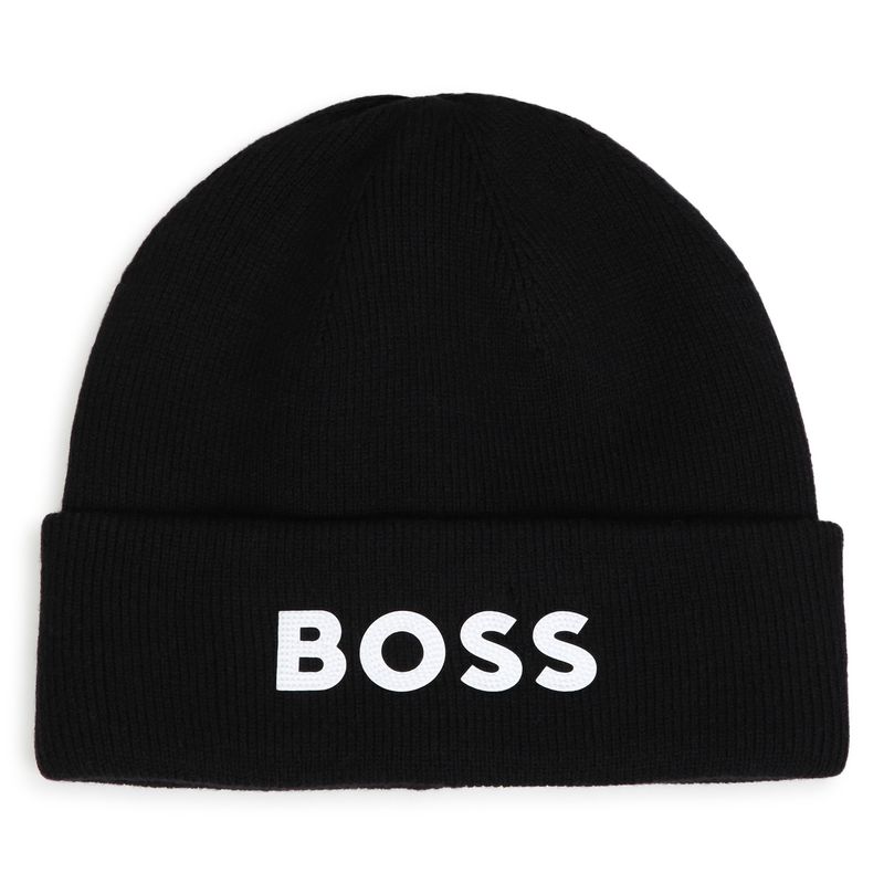 BLACK BEANIE KNIT HAT WHITE BOSS LOGO / J53584-09B