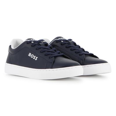 NAVY SNEAKER SHOE WITH LACES LEATHER WHITE TRIM BOSS LOGO / J53248-849