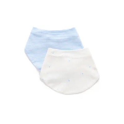 2PC WHITE & BLUE STRIPED BIB SET BEAR FACE PRNT / PP1110ES
