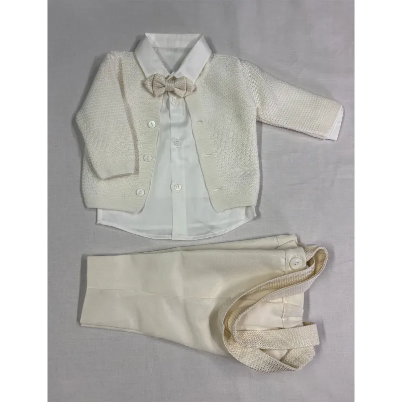 Z12099GBY / GA 40360 4PC KNIT CARDIGAN PANT SHIRT & BOWTIE SET CROCHET  WITH SUSPENDERS