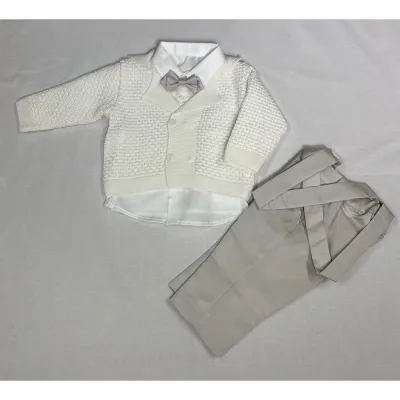 Z12100GBY / GA 40560 4PC CREAM & BEIGE CARDIGAN  PANT SET WITH SUSPENDERS BOWTIE