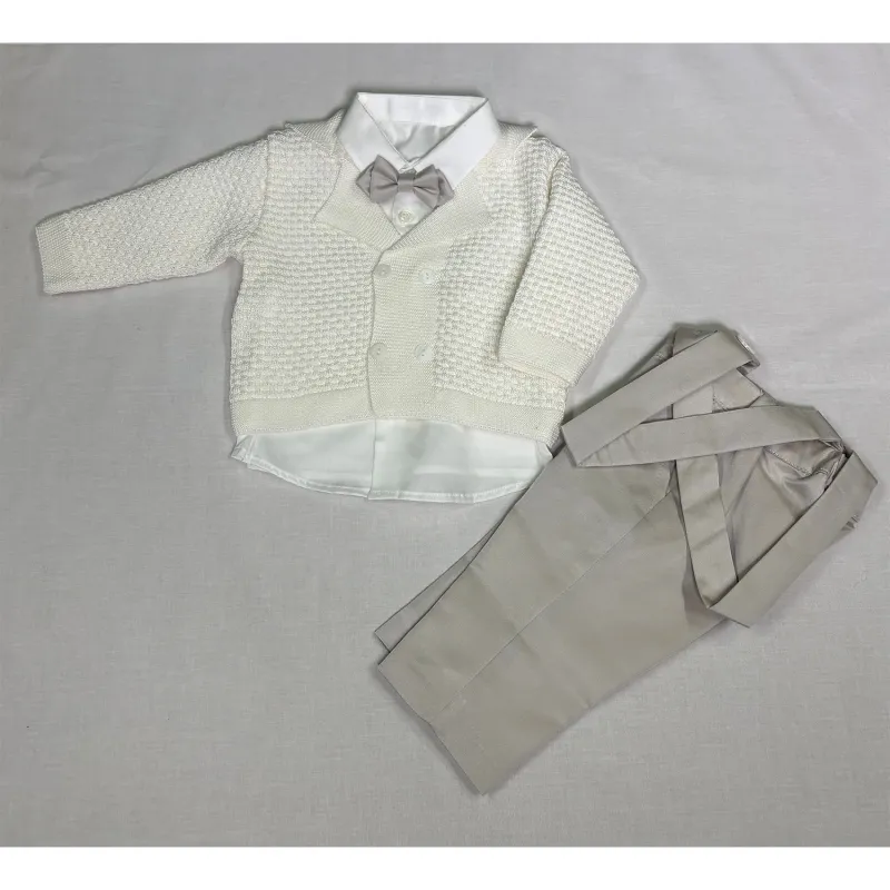 Z12100GBY / GA 40560 4PC CREAM & BEIGE CARDIGAN  PANT SET WITH SUSPENDERS BOWTIE