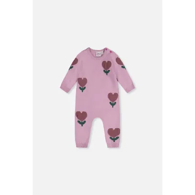 LAVENDER KNIT ROMPER BROWN HEART FLOWER PRINT / J20AT40-5840