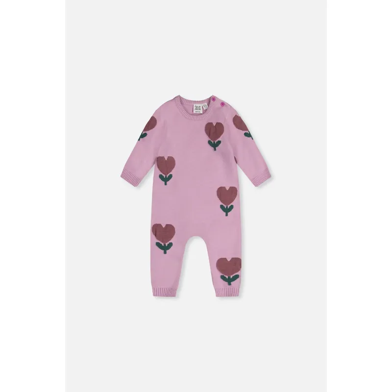 LAVENDER KNIT ROMPER BROWN HEART FLOWER PRINT / J20AT40-5840