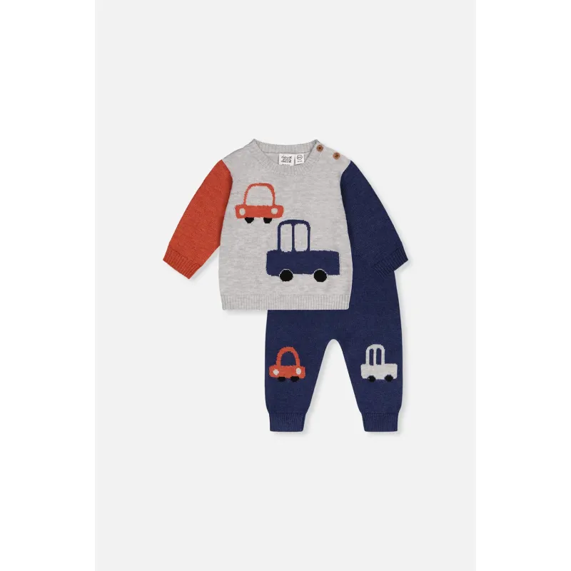 2PC GREY & NAVY KNIT TOP & PANT SET CAR PRINT / J20CT11-4570