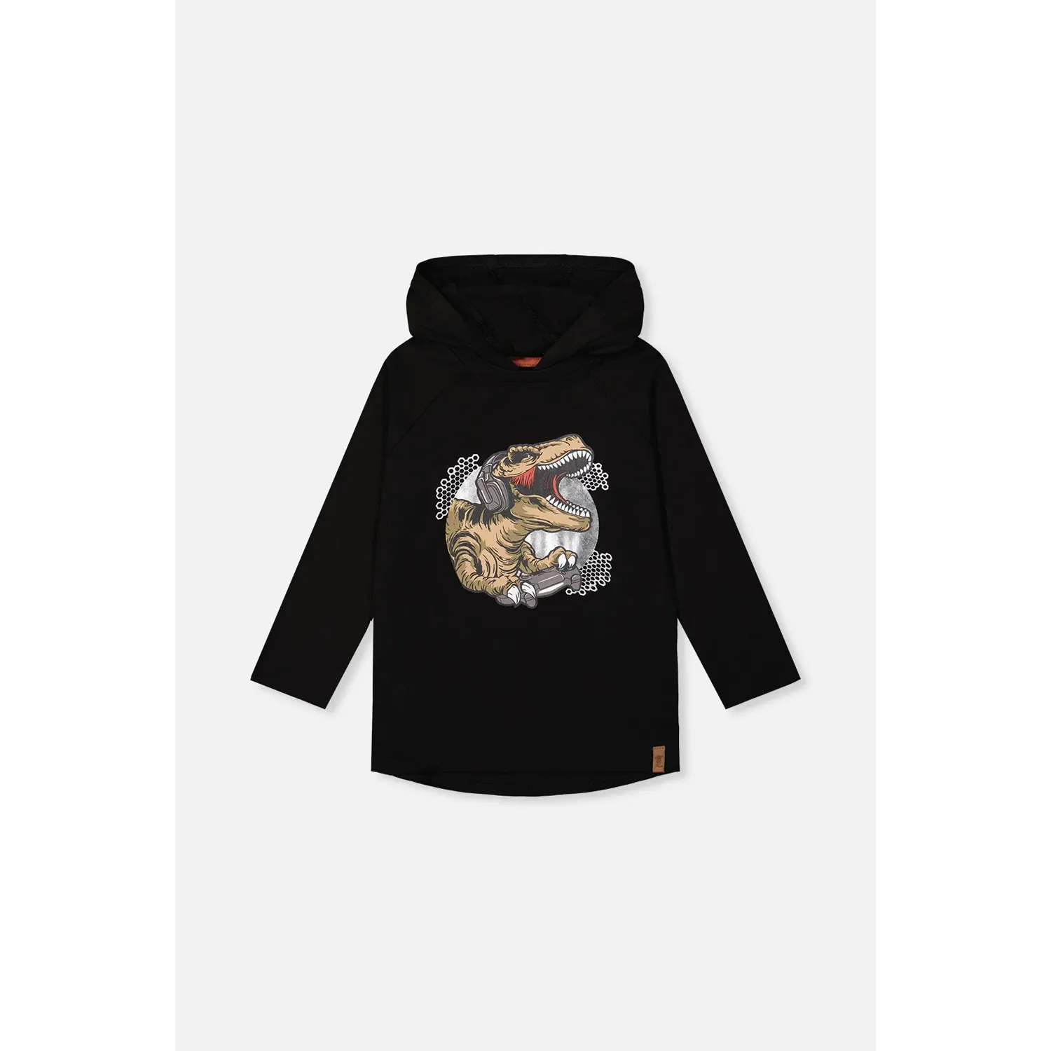 BLACK HOODED TSHIRT TAN & SILVER DINO PRINT LONG SLEEVE / J20U75-9990 BLACK HOODED TSHIRT TAN & SILVER DINO PRINT LONG SLEEVE / J20U75-9990