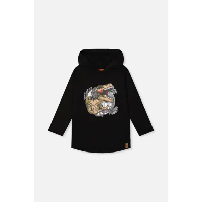 BLACK HOODED TSHIRT TAN & SILVER DINO PRINT LONG SLEEVE / J20U75-9990