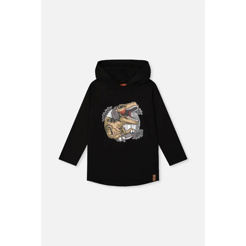 BLACK HOODED TSHIRT TAN & SILVER DINO PRINT LONG SLEEVE / J20U75-9990