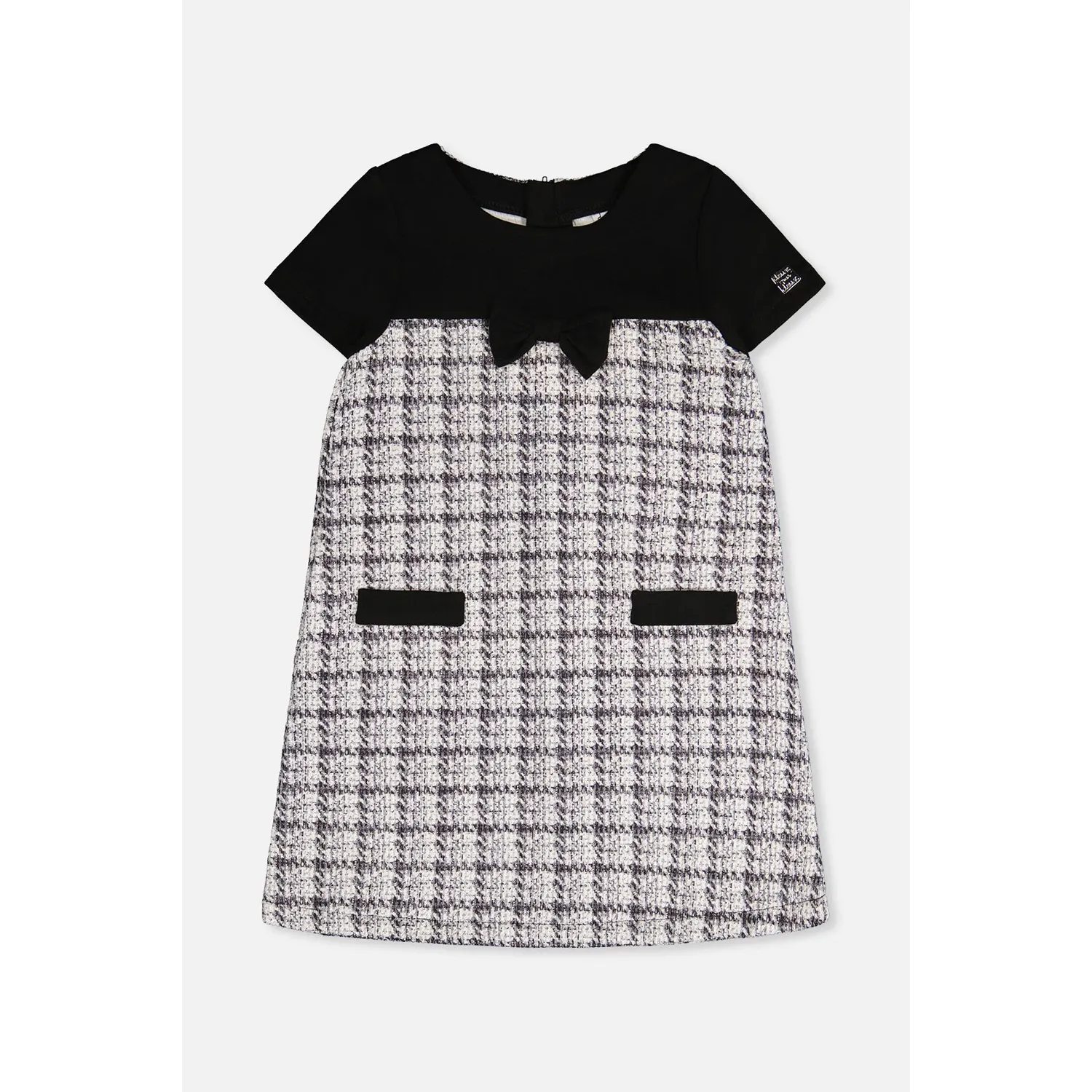 BLACK & WHITE PLAID DRESS ALINE SHORT SLEEVE BLACK BOW BODICE / L20Q94-2J304