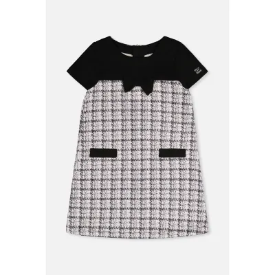 BLACK & WHITE PLAID DRESS ALINE SHORT SLEEVE BLACK BOW BODICE / L20Q94-2J304