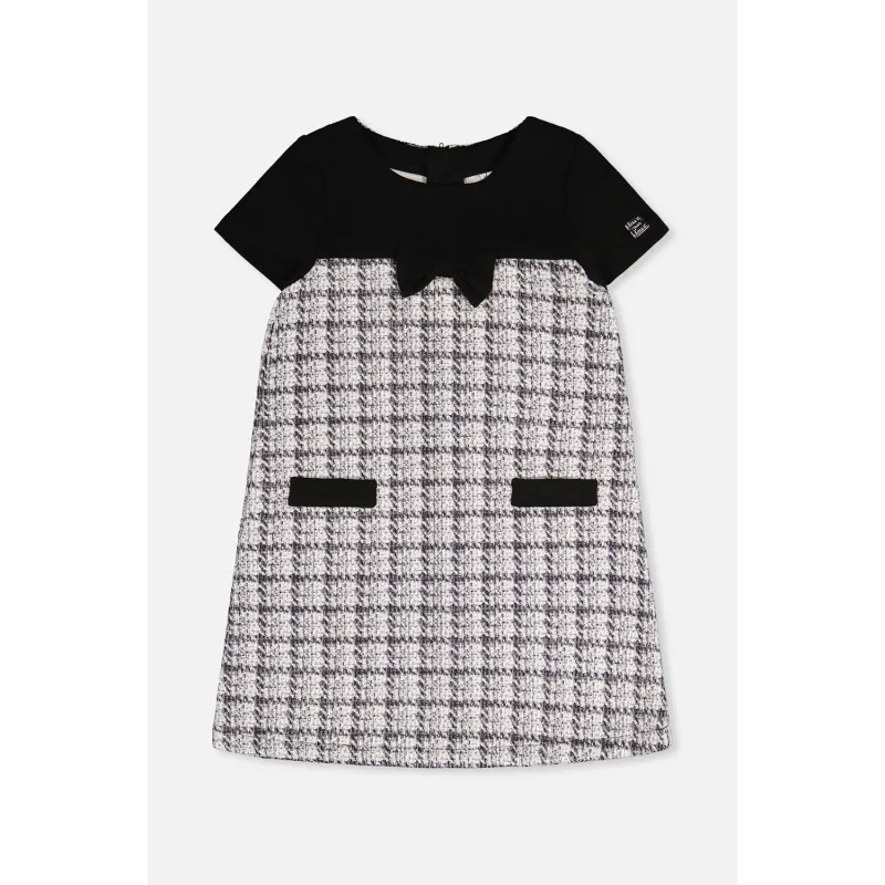 BLACK & WHITE PLAID DRESS ALINE SHORT SLEEVE BLACK BOW BODICE / L20Q94-2J304