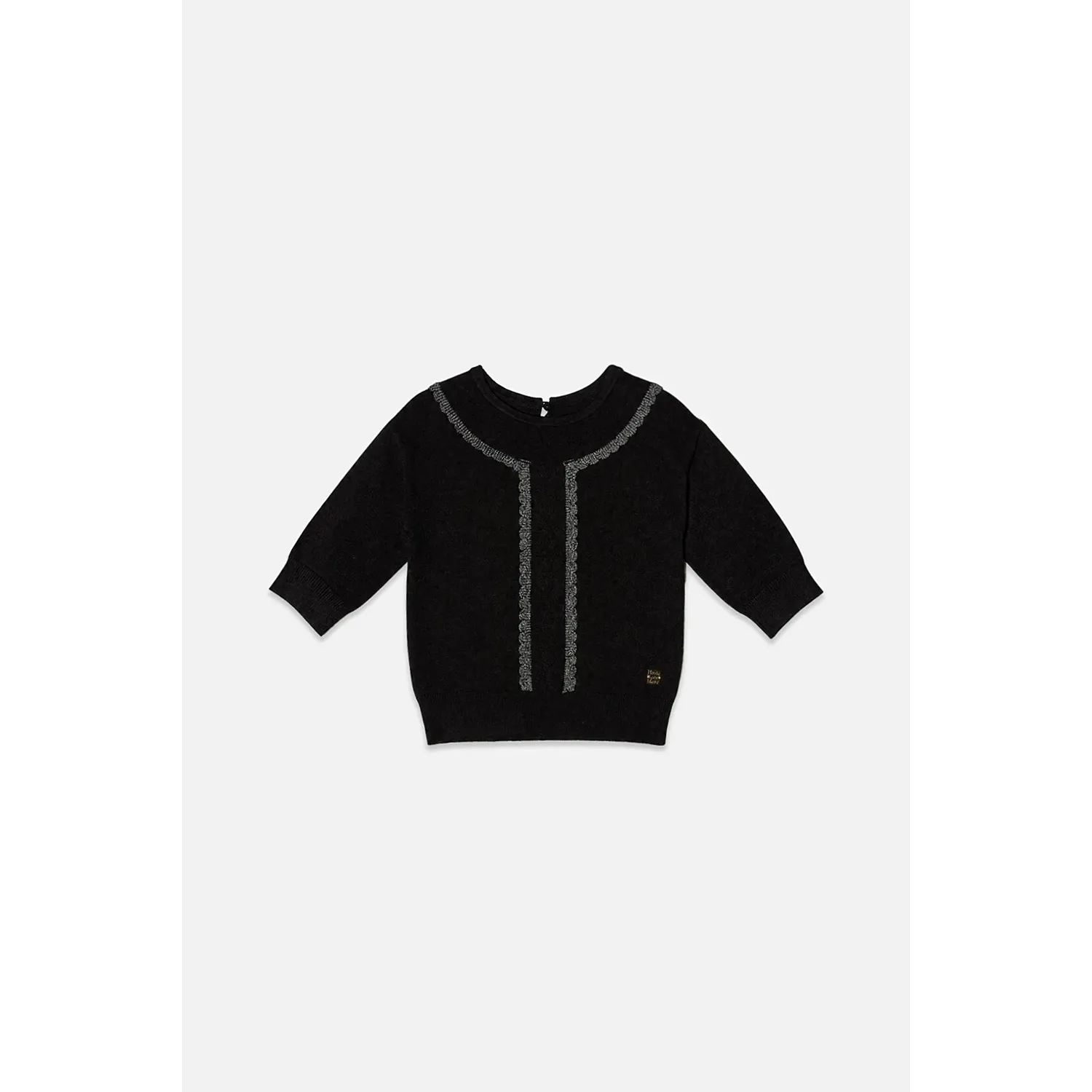BLACK KNIT SWEATER GOLD CROCHET TRIM SHORT SLEEVE / J20QT31-09990