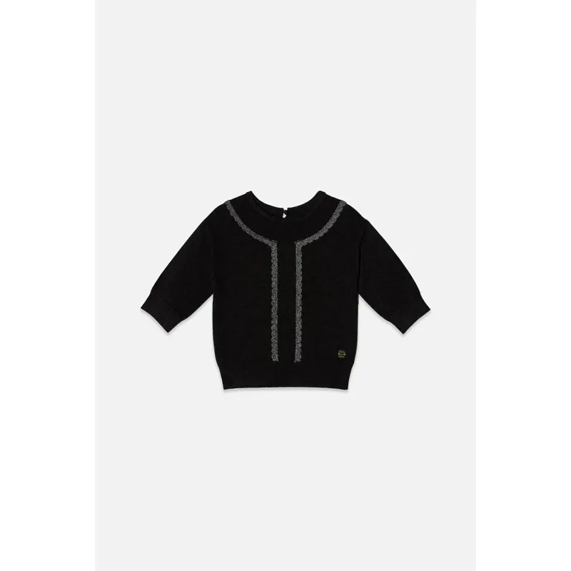 BLACK KNIT SWEATER GOLD CROCHET TRIM SHORT SLEEVE / J20QT31-09990