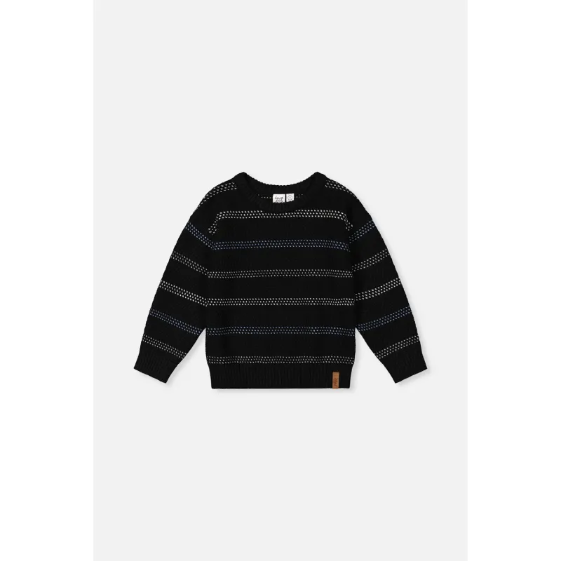 BLACK KNIT SWEATER BLUE & WHITE STRIPES LONG SLEEVE / J20UT78-09990