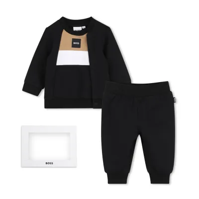 2PC BLACK JOGGING SET COLORBLOCK WHITE & BROWN / J53308-09B