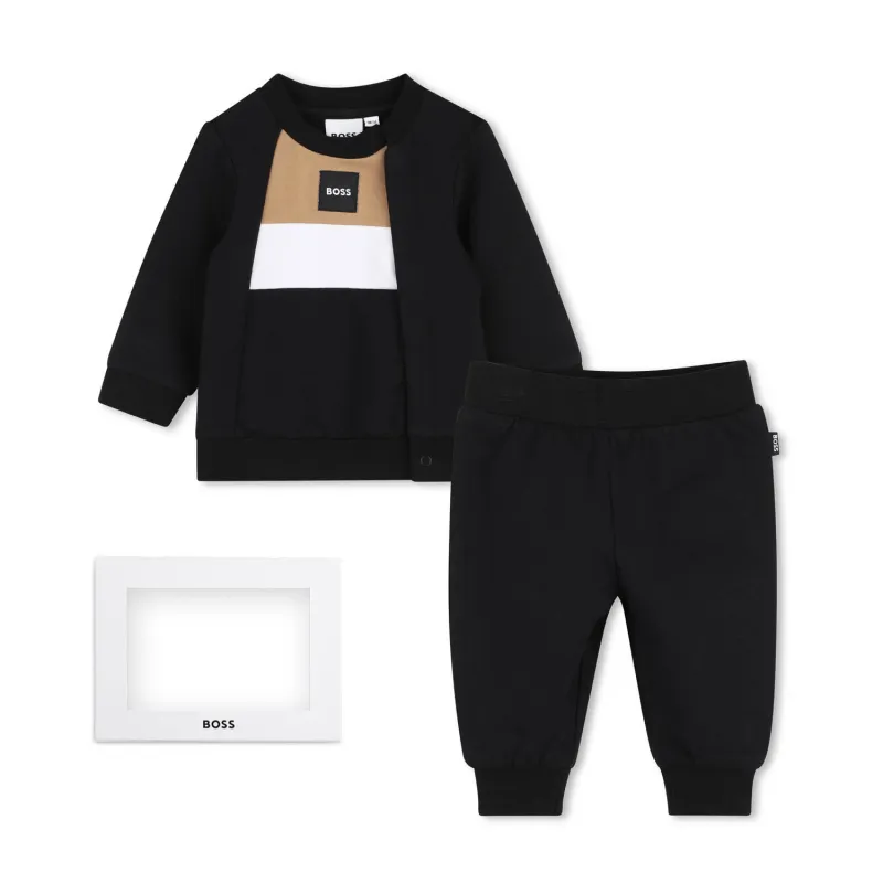 2PC BLACK JOGGING SET COLORBLOCK WHITE & BROWN / J53308-09B