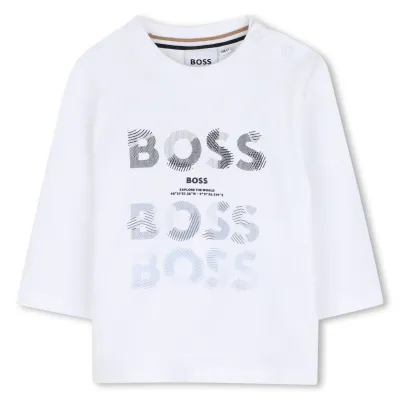 WHITE TSHIRT LONG SLEEVE 3 GRAPHIC BOSS LOGO / J53497-10P