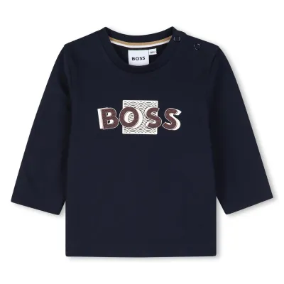 NAVY TSHIRT LONG SLEEVE BROWN & WHITE BOSS LOGO / J53498-849