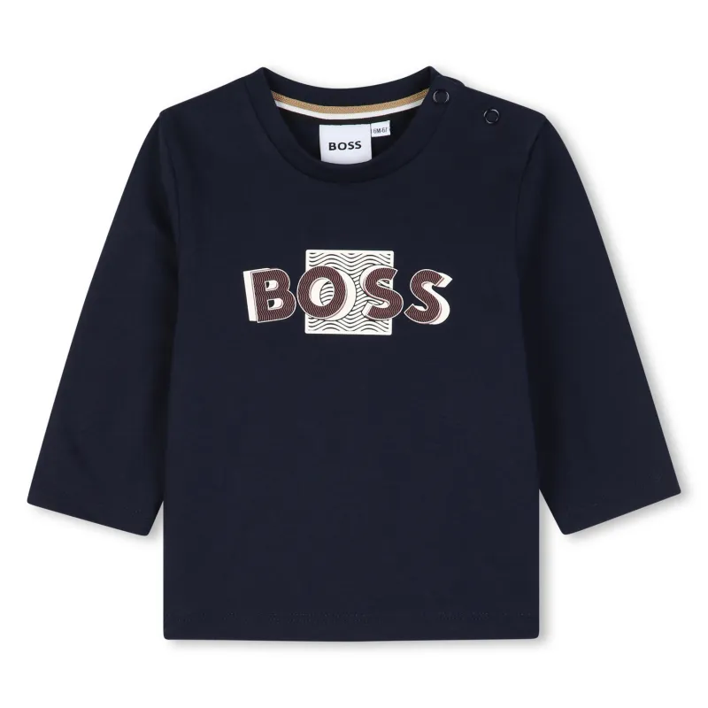 NAVY TSHIRT LONG SLEEVE BROWN & WHITE BOSS LOGO / J53498-849