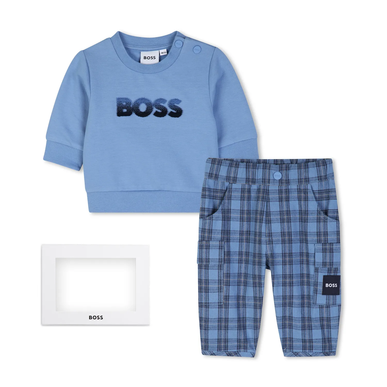 2PC BLUE TOP CHECK PANT BOSS APPLIQUE / J53309-8I1N