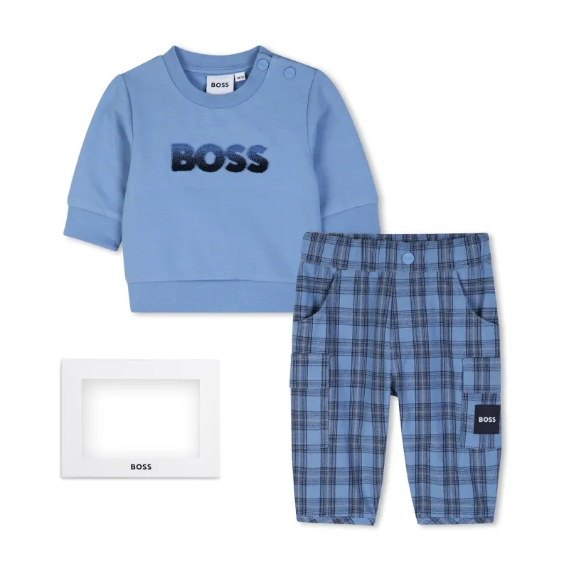 2PC BLUE TOP CHECK PANT BOSS APPLIQUE / J53309-8I1N