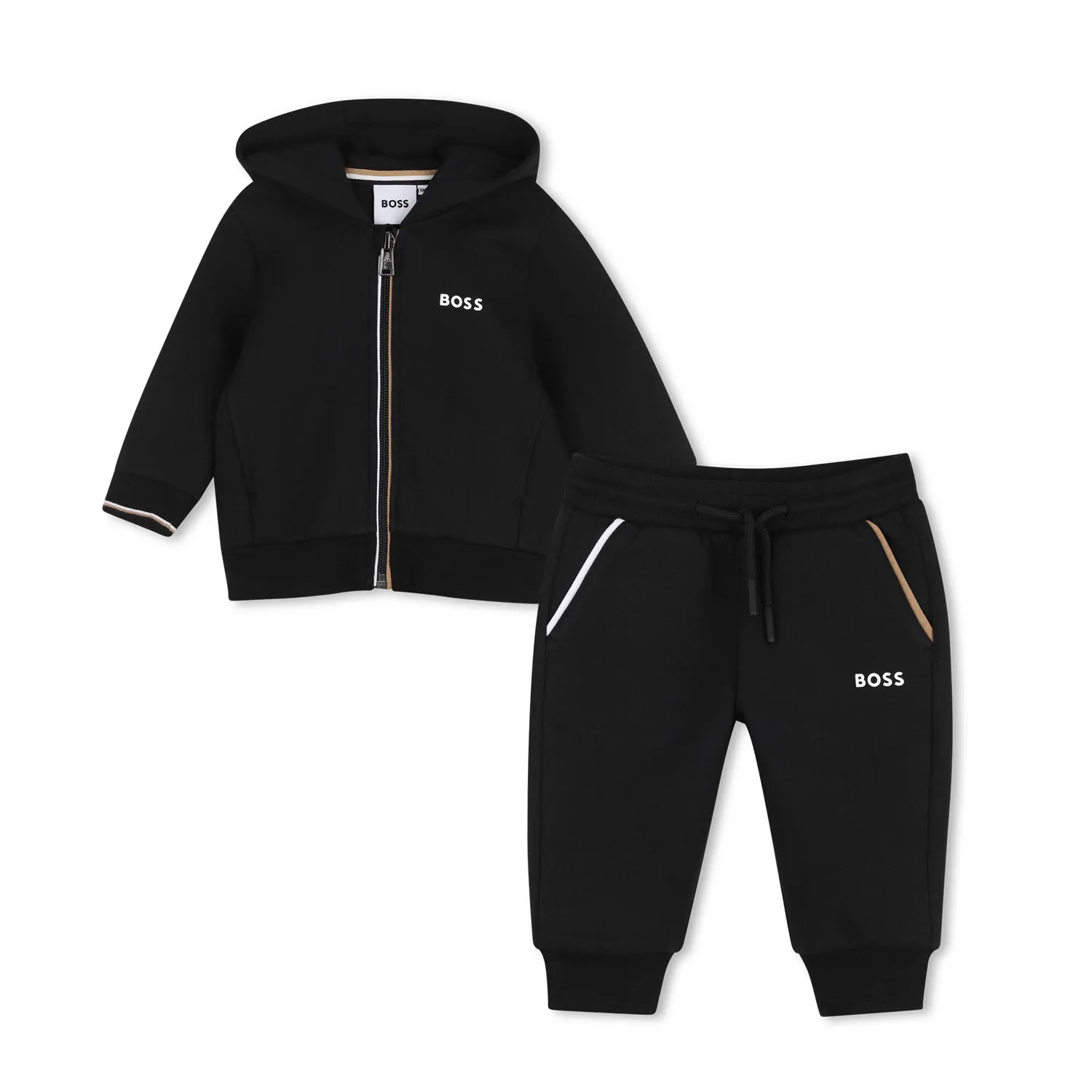 2PC BLACK HOODED TRACKSUITWHITE & BROWN TRIM / J53511-09B