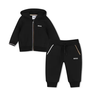 2PC BLACK HOODED TRACKSUITWHITE & BROWN TRIM / J53511-09B