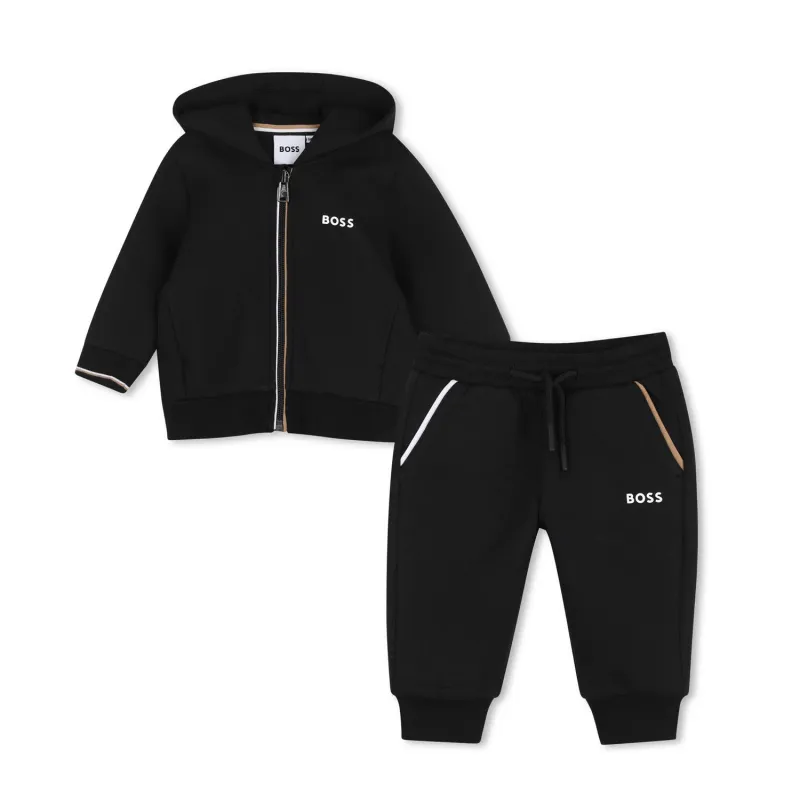 2PC BLACK HOODED TRACKSUITWHITE & BROWN TRIM / J53511-09B