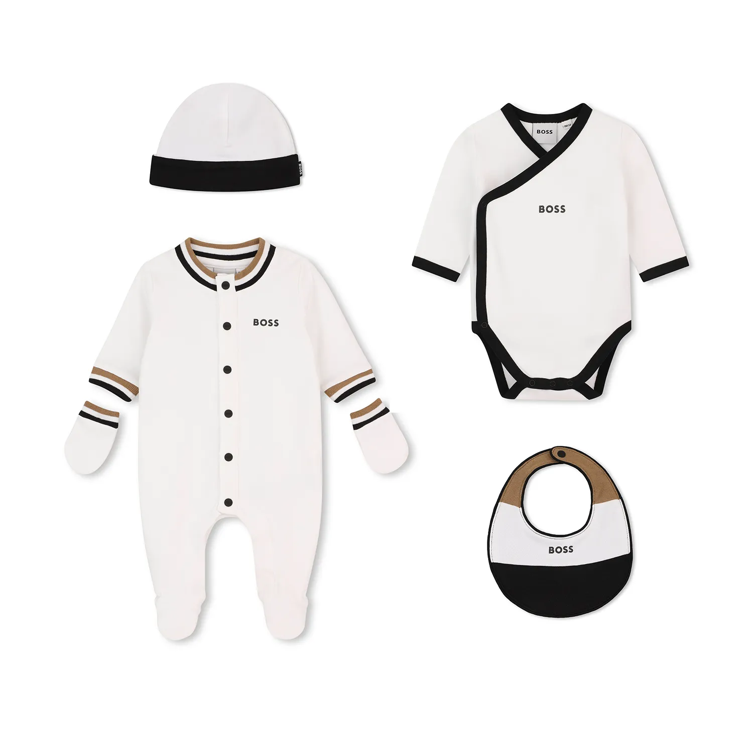 WHITE 5PC GIFT SET-SLEEPER-UNDERSHIRT-HAT-BIB-MITTEN BLACK TRIM / J53293-10P