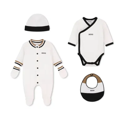 WHITE 5PC GIFT SET-SLEEPER-UNDERSHIRT-HAT-BIB-MITTEN BLACK TRIM / J53293-10P
