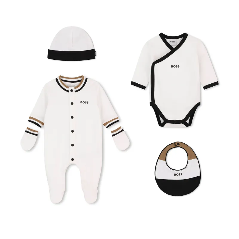 WHITE 5PC GIFT SET-SLEEPER-UNDERSHIRT-HAT-BIB-MITTEN BLACK TRIM / J53293-10P