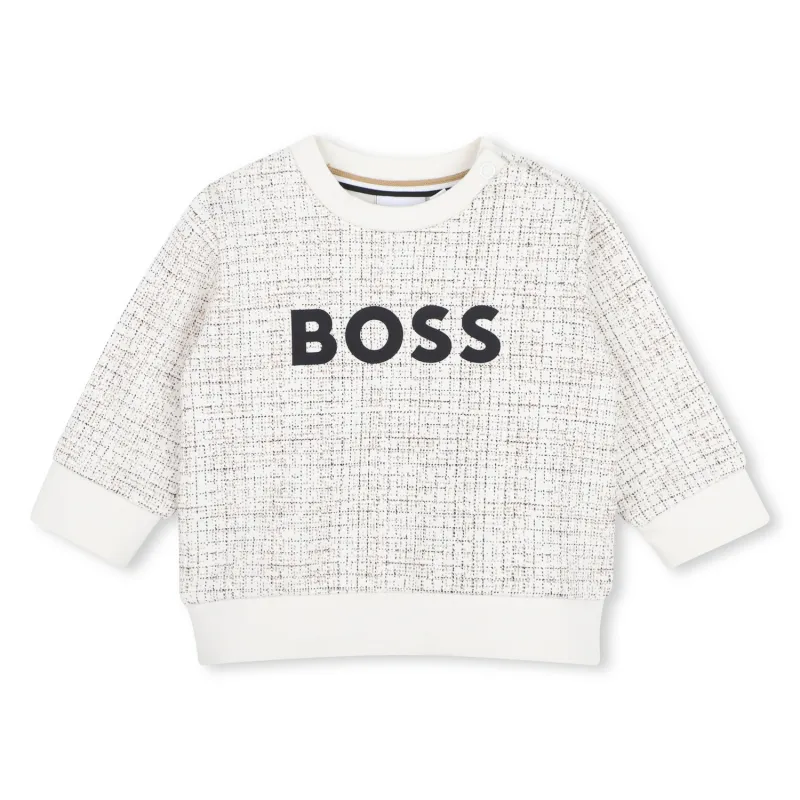 IVORY SWEATTOP MICRO CHECK BLACK BOSS LOGO LONG SLEEVE / J53496-120