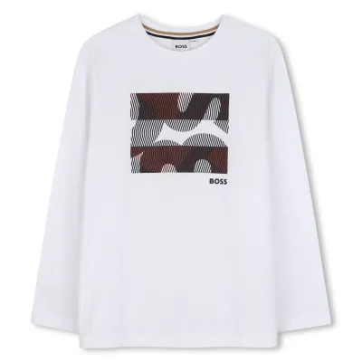 WHITE TSHIRT LONG SLEEVE BROWN ABSTRACT GRAPHIC LOGO / J53406-10P