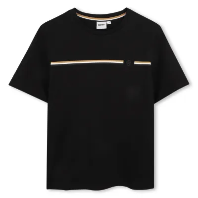 BLACK TSHIRT SHORT SLEEVE BROWN & WHITE STRIPE / J53412-09B