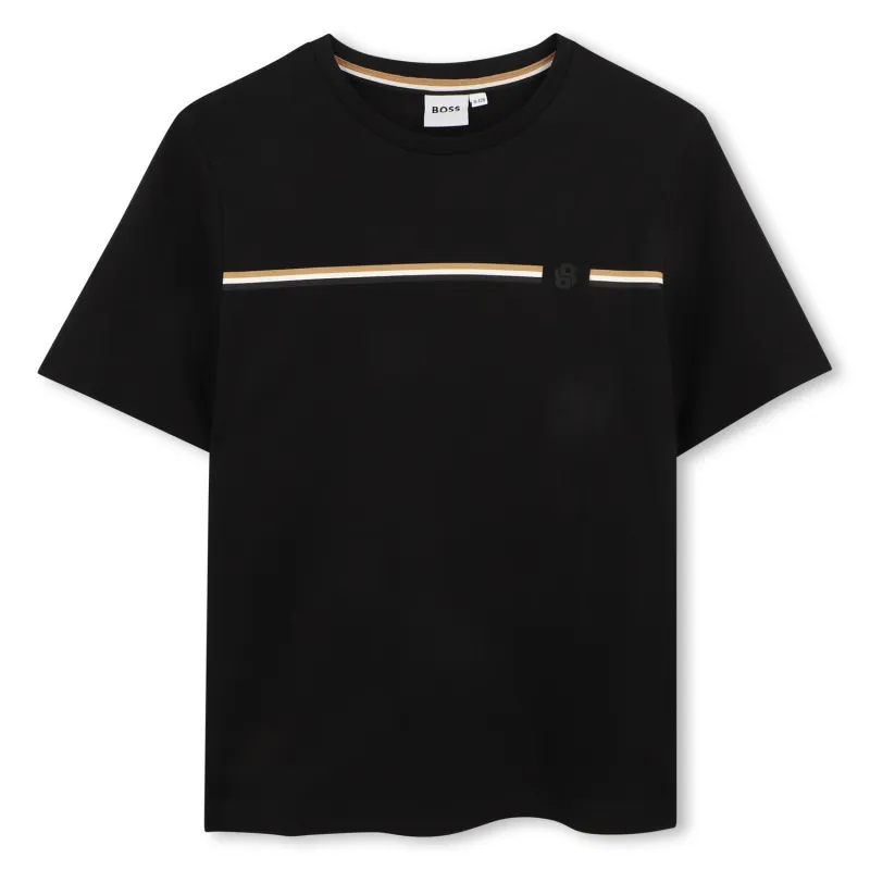 BLACK TSHIRT SHORT SLEEVE BROWN & WHITE STRIPE / J53412-09B