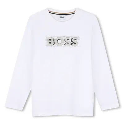 WHITE TSHIRT LONG SLEEVE GREY BOSS PRINT LOGO / J53417-10P