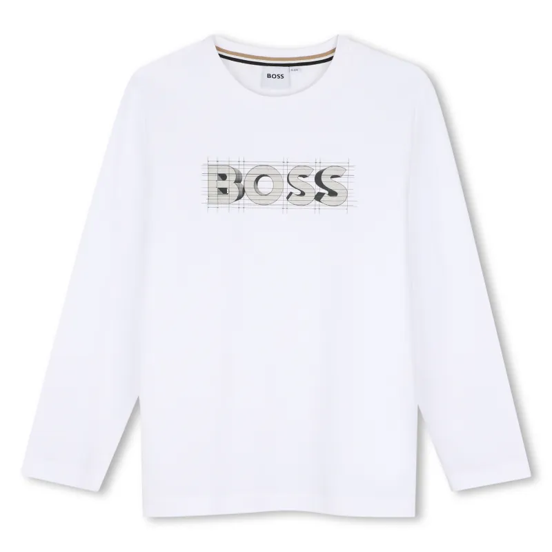 WHITE TSHIRT LONG SLEEVE GREY BOSS PRINT LOGO / J53417-10P