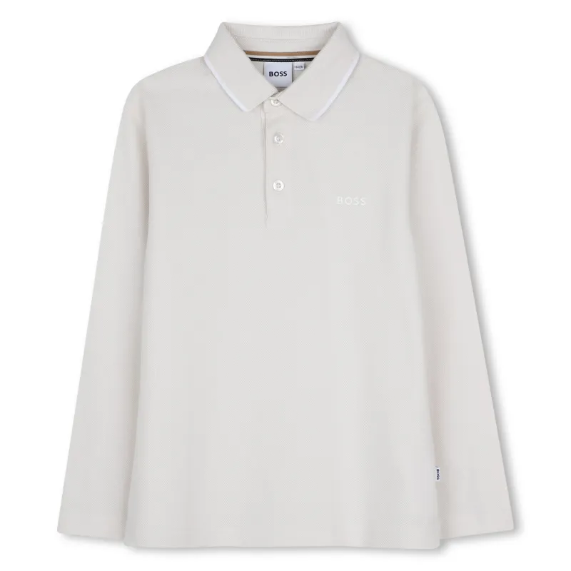 IVORY POLO TOP WHITE BOSS LOGO LONG SLEEVE / J53376-120