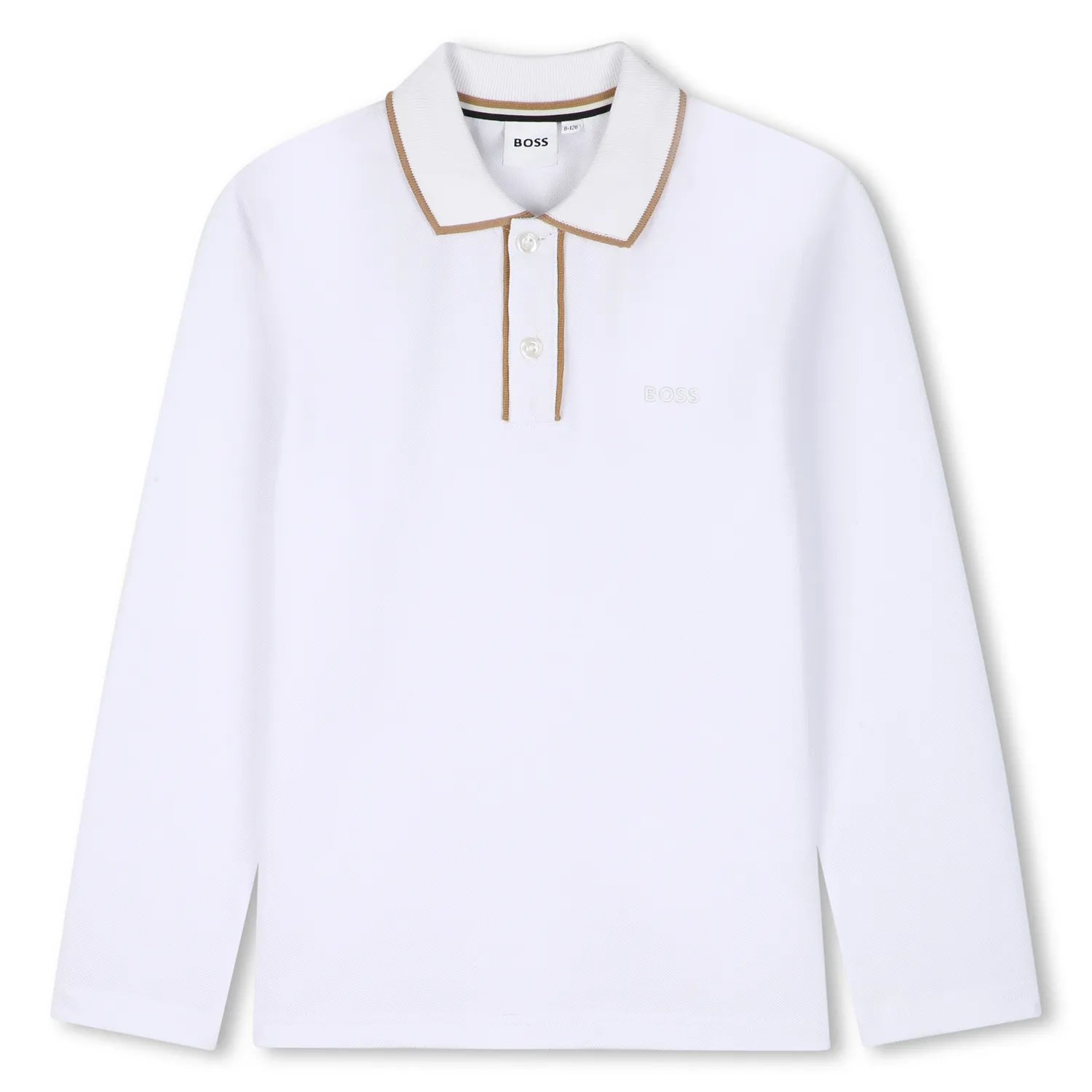 WHITE PIQUE POLO TOP LONG SLEEVE BROWN COLLAR TRIM / J53379-10P