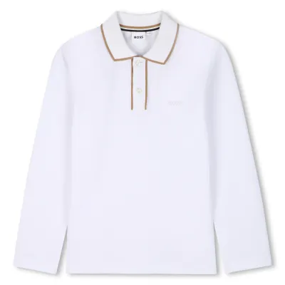 WHITE PIQUE POLO TOP LONG SLEEVE BROWN COLLAR TRIM / J53379-10P