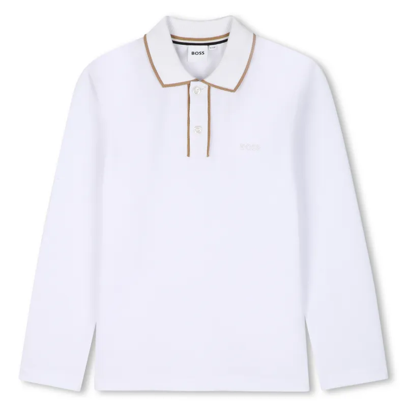 WHITE PIQUE POLO TOP LONG SLEEVE BROWN COLLAR TRIM / J53379-10P