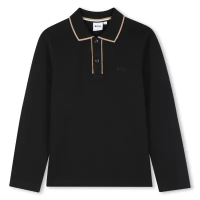 BLACK PIQUE POLO TOP LONG SLEEVE BROWN TRIM COLLAR / J53379-09B