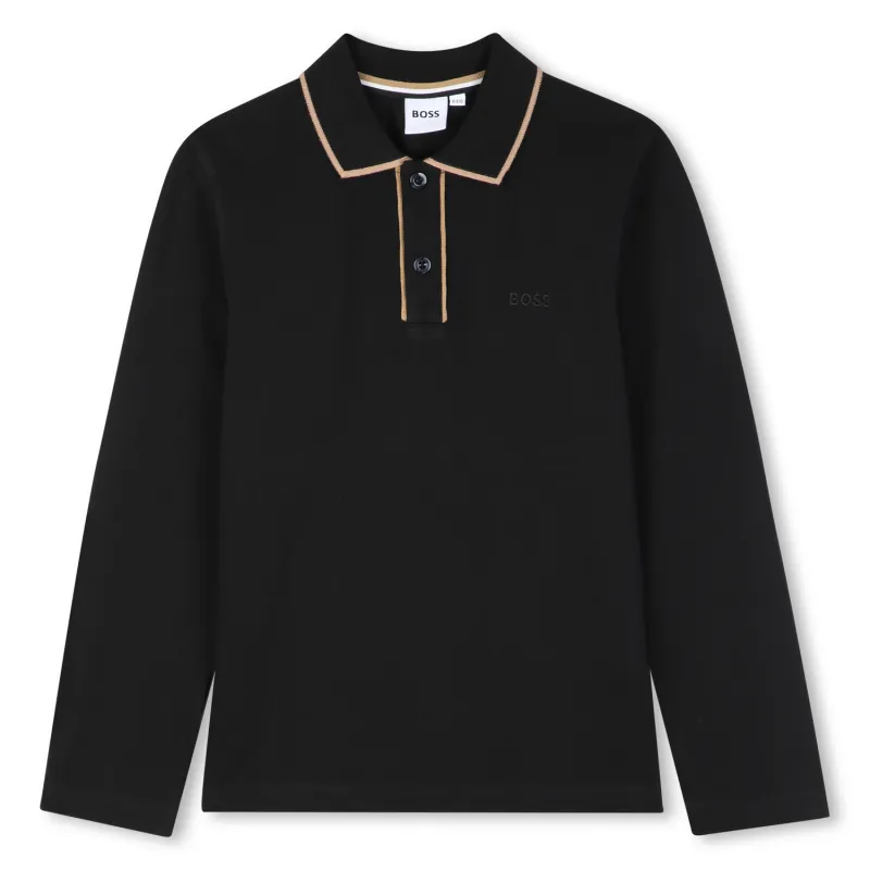 BLACK PIQUE POLO TOP LONG SLEEVE BROWN TRIM COLLAR / J53379-09B