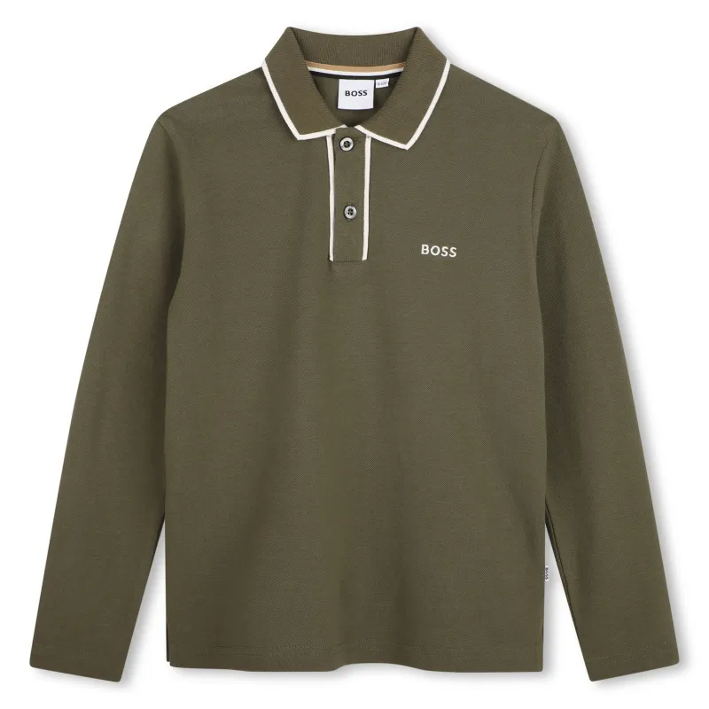 OLIVE GREEN POLO TOP LONG SLEEVE WHITE TRIM / J53379-63D