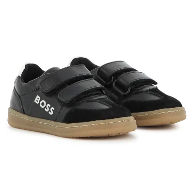 BLACK LEATHER & SWEDE SHOE WHITE PATCH VELCRO STRAPS / J53541-09B