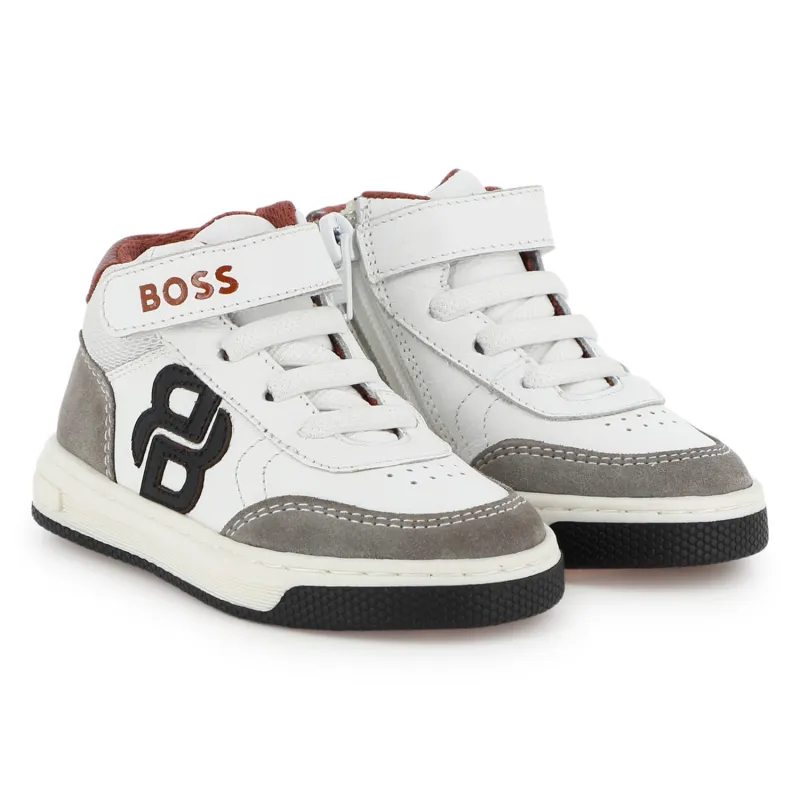 WHITE COW LEATHER SHOE GREY SWEDE & RED TRIM BOSS LOGO / J53546-10P