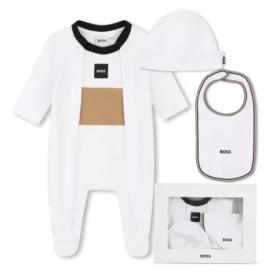 3PC WHITE SLEEPER HAT & BIB BROWN & BLACK TRIM / J53292-10P