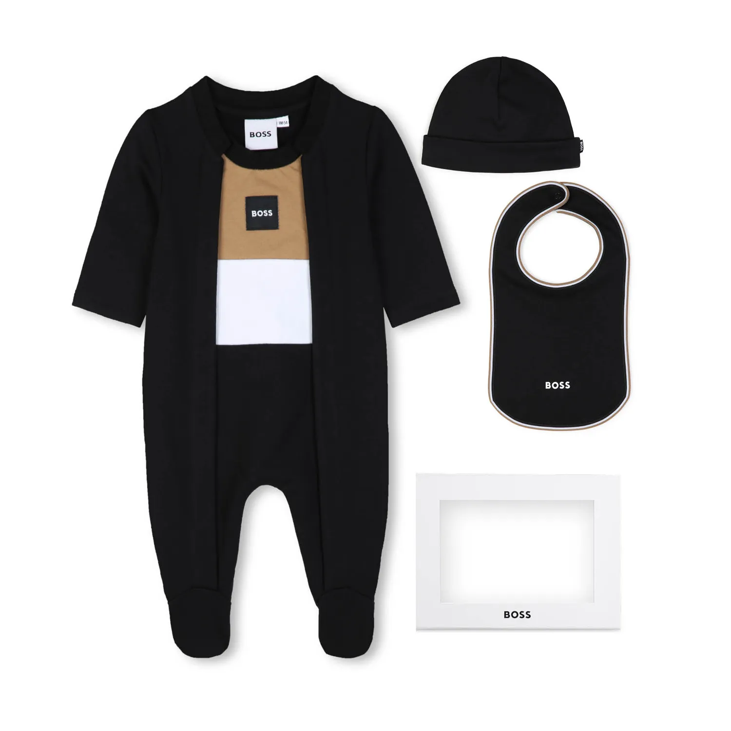 3PC BLACK SLEEPER BIB & HAT WHITE & BROWN TRIM / J53292-09B