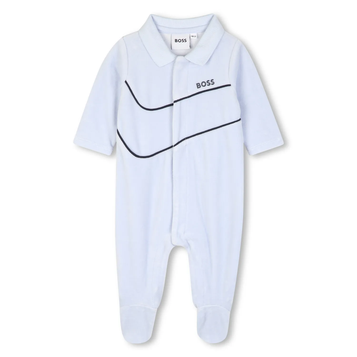 PALE BLUE VELOUR SLEEPER NAVY TRIM FRONT CLOSURE / J53288-771